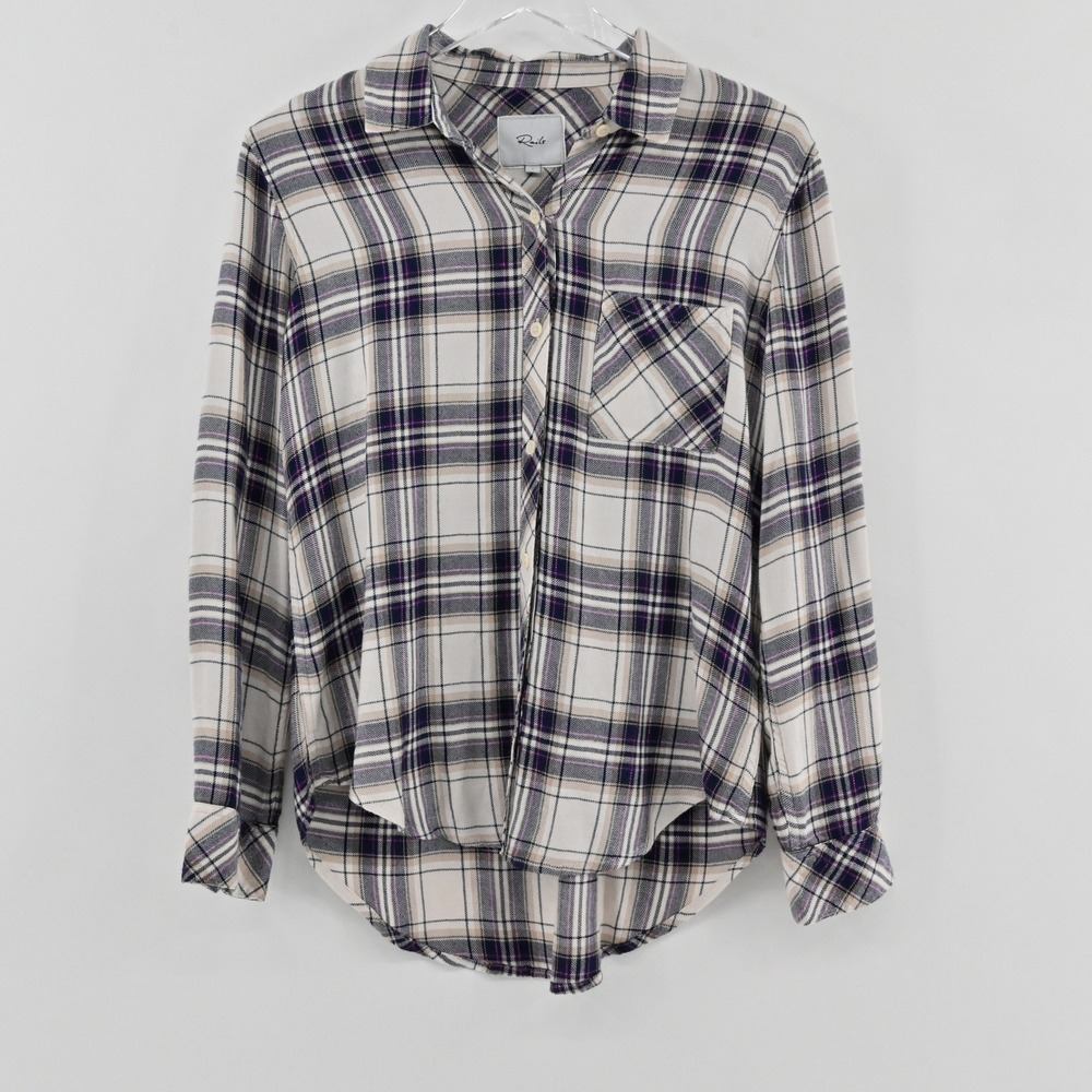 Rails Hunter Plaid Button Down Womens Size S Stone Navy Fuchsia Lurex Metallic